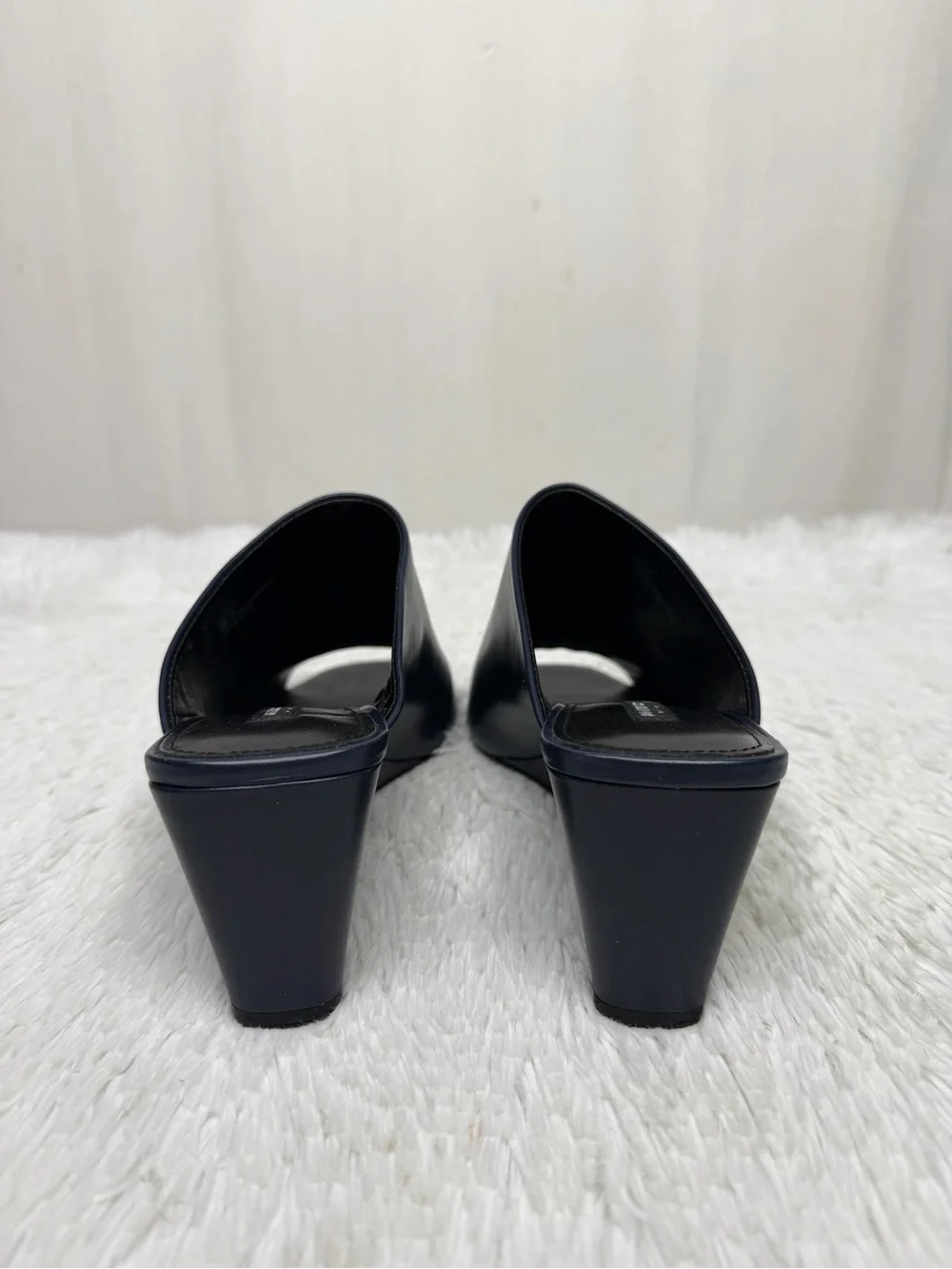 LAFAYETTE 148 / Hayvin navy blue leather slip on wedge mule heels / 8
